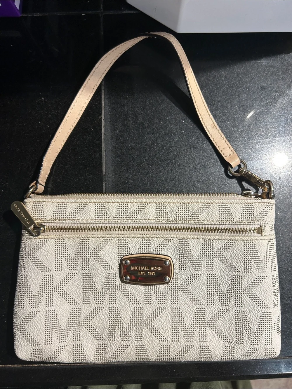 Michael Kors Cream Beige MK Logo Wristlet with Gold Hardware